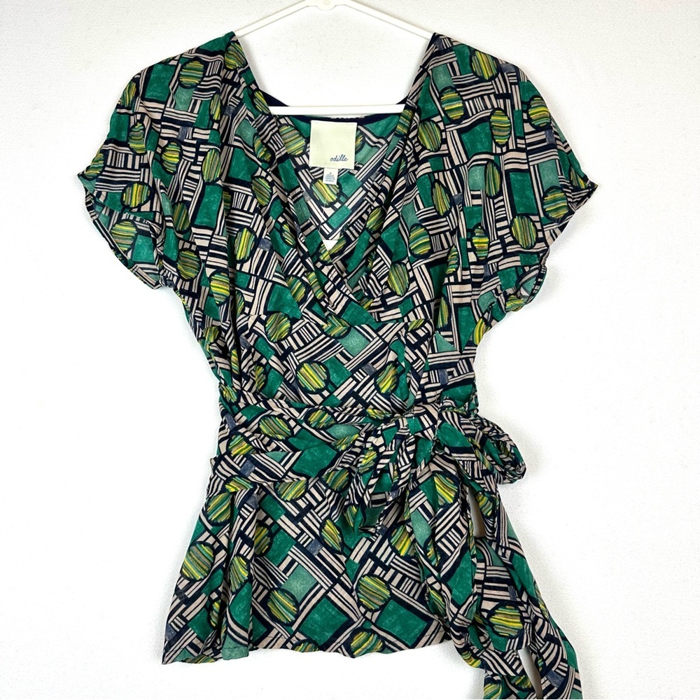 NWT Odille Anthropologie Patterned‎ Green Faux Wrap Top